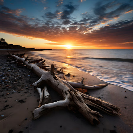 A large driftwood branch lies on the sandy beach, with the sun setting over the ocean in the background, creating a stunning and peaceful scene.の写真素材
