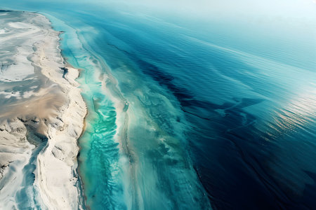 An aerial view of a coastline with white sandy beaches and clear blue ocean water. The colors of the...