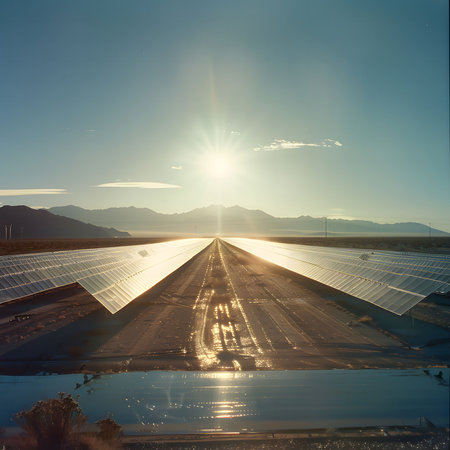 A vast field of solar panels extending towards the horizon in a desert landscape under a bright sun.