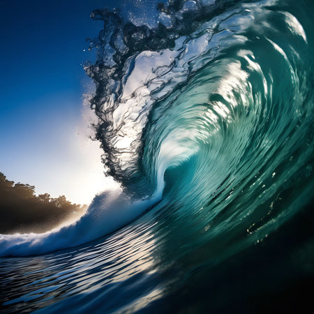 A close up of a large wave crashing in the ocean. The wave is backlit by the sun, and the water is sparkling and turquoise.の写真素材