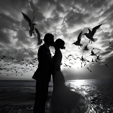 A bride and groom in silhouette stand on a beach at sunset. They are kissing, with a backdrop of the sea and a large flock of seagulls flying overhead. The image is in black and white.の写真素材
