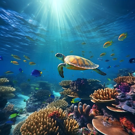 A sea turtle swims through a vibrant coral reef. Sunbeams pierce the water, illuminating the colorful fish and coral formationsの写真素材