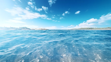 A serene image of a vast ocean under a clear blue sky. The calm water reflects the sunlight, creating a peaceful atmosphere.の写真素材