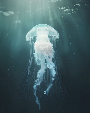 A close-up of a jellyfish illuminated by sunbeams in the deep blue sea.の写真素材