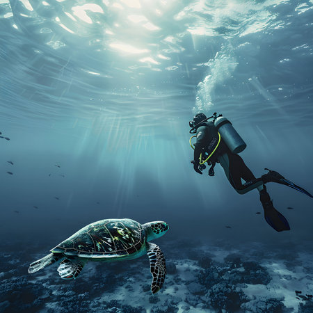 A scuba diver explores the underwater world, encountering a sea turtle in its natural habitat. The sunlight creates a magical atmosphere, illuminating the coral reef and the marine life.の写真素材