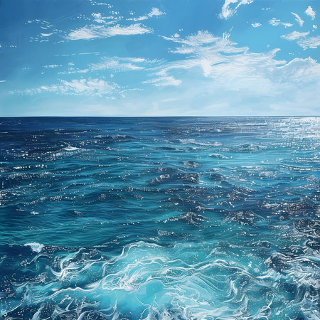A serene digital painting of a blue ocean with a clear sky. The surface of the water is calm and reflects the sunlight, creating a peaceful and tranquil scene.の写真素材