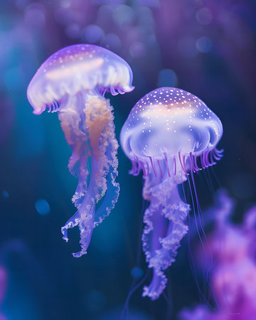 Two jellyfish gracefully float in the ocean, their translucent bodies glowing with bioluminescent...