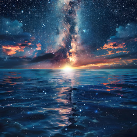 A breathtaking view of a starry sky reflecting in a calm ocean, creating a magical and serene atmosphere.の写真素材