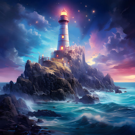 A majestic lighthouse stands tall on a rocky coastline, its light piercing the dark night sky. The crashing waves below add a sense of drama and power.の写真素材
