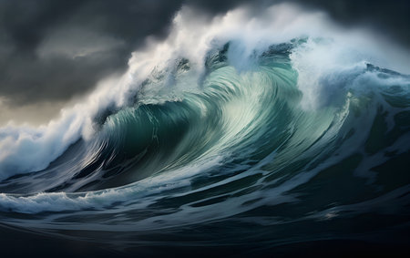 A large wave is crashing in the ocean, creating a powerful display of nature.の写真素材