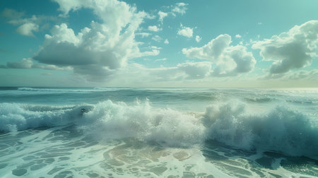 A scenic view of ocean waves crashing on a sandy shore under a bright blue sky with fluffy white...