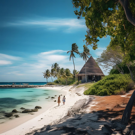 Two women walk along a pristine white sand beach, enjoying the idyllic tropical scenery. Palm trees sway gently in the breeze, creating a breathtaking backdrop against the azure sky and turquoise waters. A quaint hut sits nestled on the shore, offering a secluded escape from the vibrant paradise.の写真素材