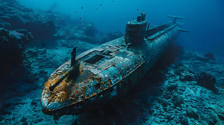 A sunken submarine lies on the ocean floor, covered in marine life.