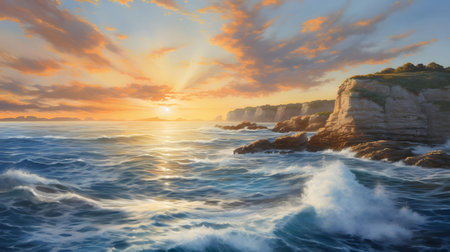 A picturesque sunset over the ocean with dramatic cliffs and waves crashing against the shore.の写真素材