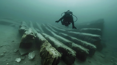 A scuba diver explores a sunken shipwreck, the wooden timbers of the vessel, now covered in marine growth, are visible beneath the surface.の写真素材