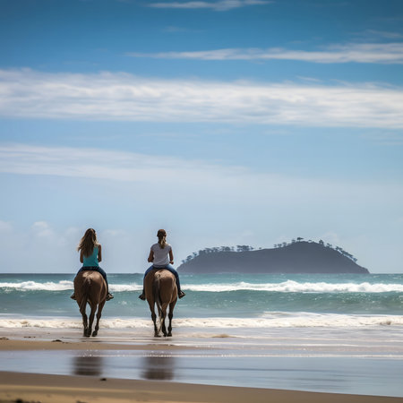 Two women riding horses on a sandy beach, looking out towards the ocean and a small island in the distance.の写真素材