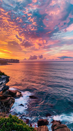 A breathtaking view of the ocean during a beautiful sunrise with a cloudy, colorful sky.