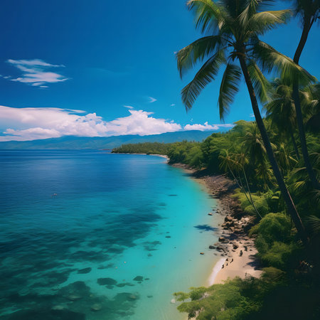 A breathtaking aerial view of a tropical paradise beach with crystal clear turquoise water, lush...