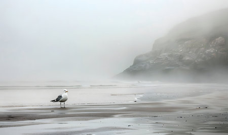 A lone seagull stands on a sandy beach with a foggy background. The misty air adds a sense of mystery and solitude to the scene.の写真素材
