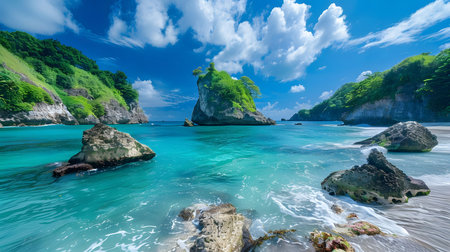 A pristine tropical beach with crystal clear turquoise water, surrounded by lush greenery and rocky...