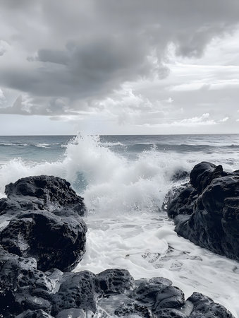 A dramatic shot of ocean waves crashing on rocky shore, with a stormy sky in the background.の写真素材