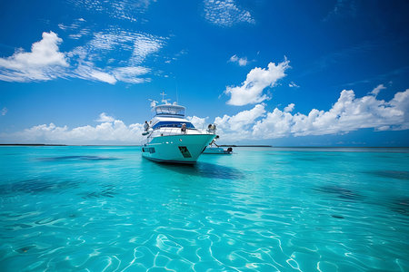 A luxurious white yacht floats effortlessly on a crystal-clear turquoise ocean. The sky is a vibrant blue with fluffy white clouds.の写真素材