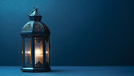 A beautifully ornate lantern with a lit candle inside, set against a deep blue background. The lantern's design intricately and warm glow create a sense of serenity and celebration.の写真素材