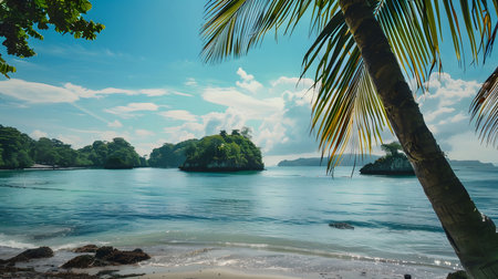 A picturesque view of a tropical lagoon with turquoise water, lush green islands, and palm trees swaying in the breeze. The perfect escape to paradise.の写真素材
