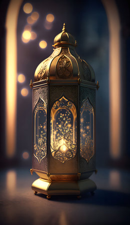 A close-up of an ornate gold Ramadan lantern with a lit candle inside. The lantern is beautifully...