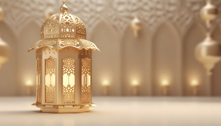 A close-up shot of a beautifully crafted golden lantern with intricate details. The lantern is...