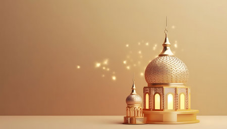 A golden mosque with intricate details and sparkling lights against a warm background. This image represents the beauty and spirituality of Islam.の写真素材