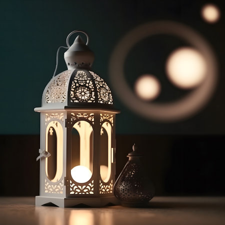 A close-up of an ornate white lantern with a lit candle inside. The lantern has an intricate design,...