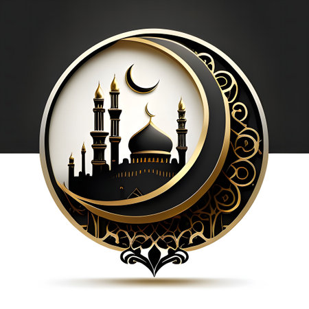A mosque illustration with a crescent moon, symbolizing Islam and Ramadan.の写真素材