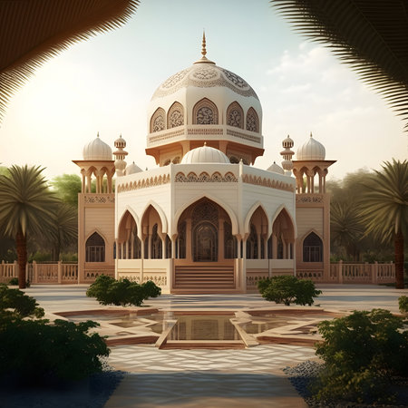 An ornate mosque with a large dome and intricate details, set against a backdrop of palm trees and a...