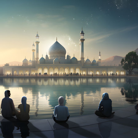 A group of people stand near a tranquil pond reflecting the beautiful white mosque in the evening light.の写真素材