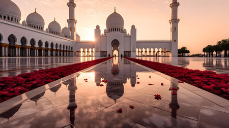 A stunning view of the Sheikh Zayed Grand Mosque in Abu Dhabi, United Arab Emirates, during a vibrant sunset. The mosque's white marble exterior and intricate details are beautifully reflected in the water, creating a serene and inspiring image.の写真素材