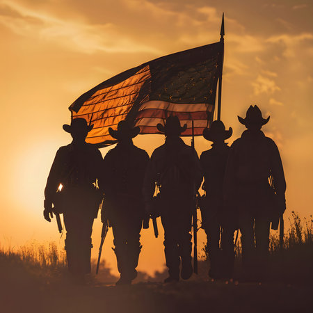 Silhouettes of five men holding an American flag at sunset. The image is a powerful representation...