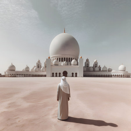 A man in traditional clothing stands in front of a magnificent mosque, looking up in awe and contemplation. The mosque is a symbol of faith, culture and spirituality, and the man's presence creates a sense of reverence and devotion.の写真素材