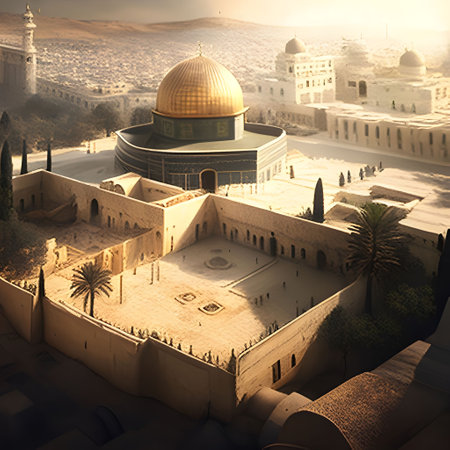 An aerial view of the Dome of the Rock mosque in Jerusalem, a holy site for Jews, Christians, and Muslims. The iconic golden dome shines brightly against the backdrop of the city.の写真素材