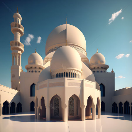A magnificent white mosque with intricate details and a towering minaret. The mosque is a place of worship and prayer, representing the beauty and spirituality of Islam.の写真素材