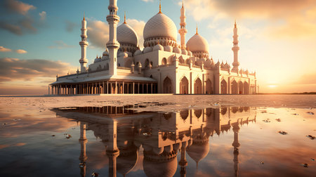 A majestic white mosque stands tall against a vibrant sunset, its reflection shimmering in a pool of water in the desert.の写真素材