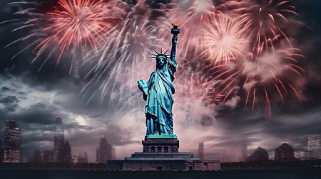 A breathtaking image of the Statue of Liberty with fireworks exploding in the night sky. The landmark iconic stands tall, a symbol of freedom and democracy, while the colorful pyrotechnics illuminate the cityscape, creating a mesmerizing scene.の写真素材