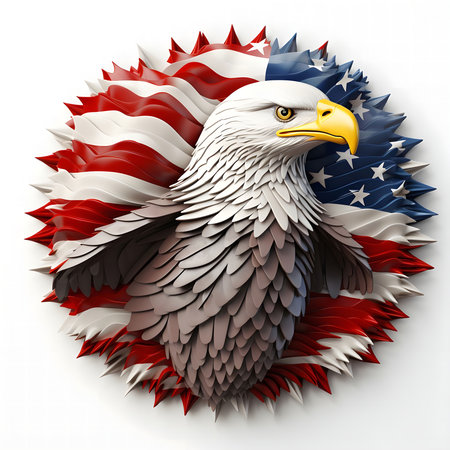 A 3D rendering of a bald eagle with a close-up view of its head and feathers, set against a textured...