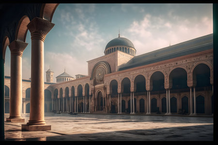 A breathtaking view of a mosque courtyard, showing intricate details and captivating architecture....
