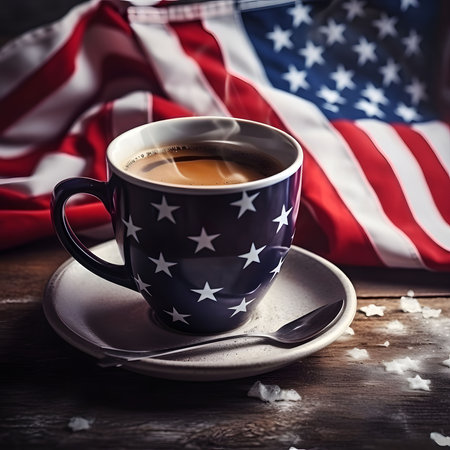 A close up of a coffee cup, the cup is decorated with stars and stripes, against a background of a blurred American Flag.の写真素材