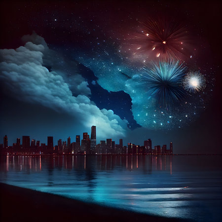 A beautiful night scene featuring fireworks over a city skyline with a water reflection and dark clouds.の写真素材