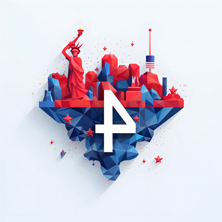 Geometric illustration of the Fourth of July featuring the number 4, American flag, Statue of Liberty and a cityscape.の写真素材