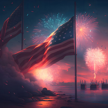 A vibrant display of fireworks illuminating the night sky, with the American flag waving proudly in...