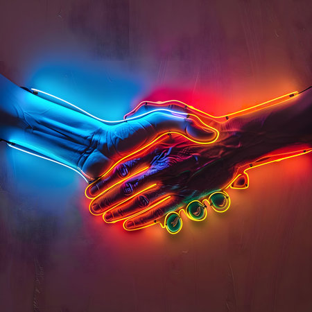 A vibrant neon artwork depicting a handshake, symbolizing connection and collaboration in a futuristic, digital style.の写真素材