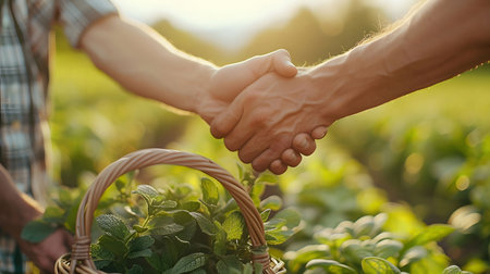 Two farmers shaking hands in a field with a basket of fresh produce in the foreground. This...